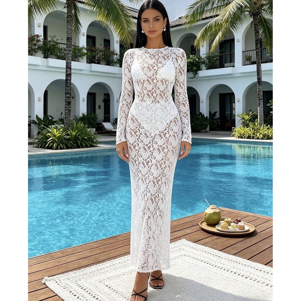 J0177-White Floral Lace Maxi Dress Long Sheer Mesh Gown Beach Cover Up Medium - Picture 2 of 5